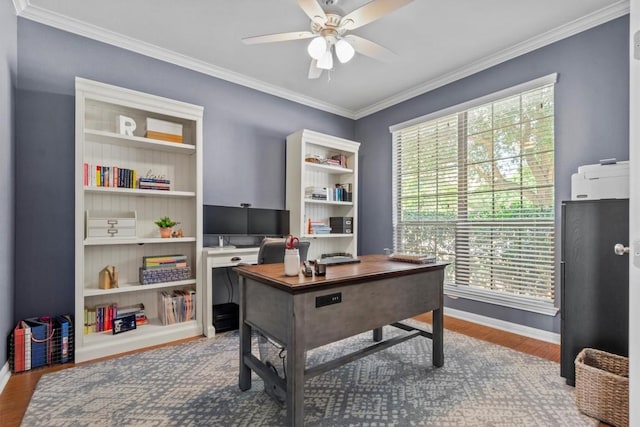 2700 Outlook Ridge Loop, Leander, TX 78641 - office area with wood finished floors, a ceiling fan, and ornamental molding
