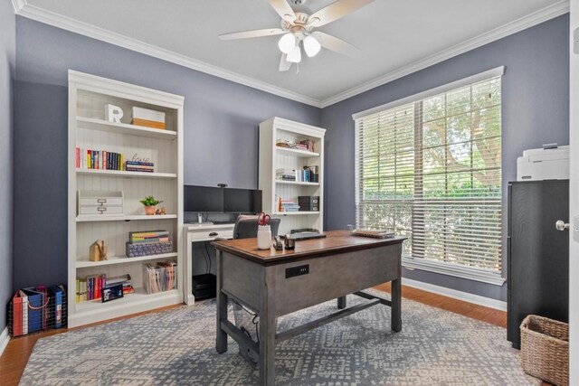2700 Outlook Ridge Loop, Leander, TX 78641 - office featuring wood finished floors, a ceiling fan, and ornamental molding