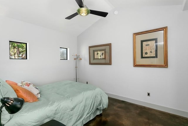 165 Highridge Ln, Fredericksburg, TX 78624 - bedroom featuring vaulted ceiling, concrete floors, and ceiling fan