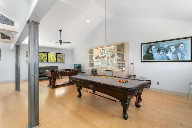 165 Highridge Ln, Fredericksburg, TX 78624 - game room with high vaulted ceiling, billiards, light wood-style flooring, decorative columns, and ceiling fan