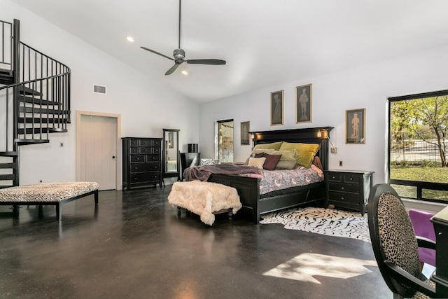 165 Highridge Ln, Fredericksburg, TX 78624 - bedroom with finished concrete floors, high vaulted ceiling, recessed lighting, and a ceiling fan