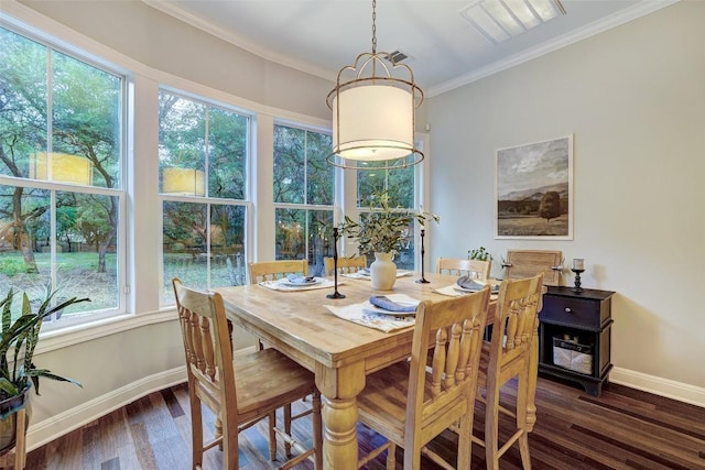 9301 San Lucas Dr, Austin, TX 78737 - dining space featuring baseboards, dark wood finished floors, and crown molding