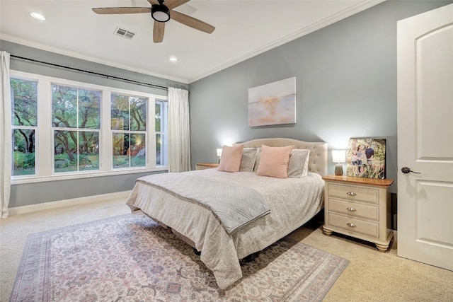 9301 San Lucas Dr, Austin, TX 78737 - bedroom featuring light carpet, ornamental molding, recessed lighting, a ceiling fan, and baseboards
