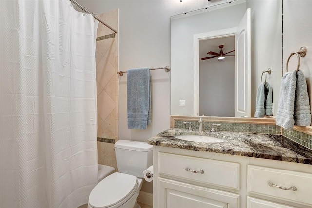 9301 San Lucas Dr, Austin, TX 78737 - full bath featuring vanity, toilet, shower / bath combination with curtain, and a ceiling fan