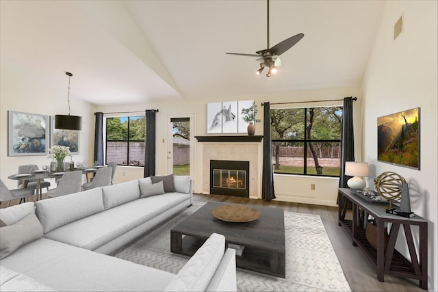 1811 Hatch Rd, Cedar Park, TX 78613 - living area with high vaulted ceiling, wood finished floors, a ceiling fan, and a tile fireplace