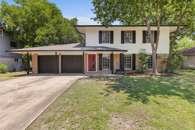 3104 Rexford Dr, Austin, TX 78723 - view of front of property with an attached garage, brick siding, central AC unit, driveway, and a front lawn