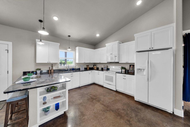 200 County Road 358, Granger, TX 76530 - kitchen featuring white appliances, a peninsula, finished concrete flooring, lofted ceiling, and white cabinetry