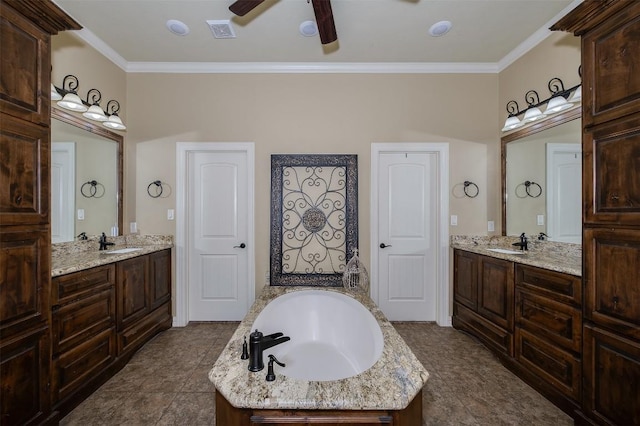 2543 Fm 975, Caldwell, TX 77836 - bathroom featuring a ceiling fan, ornamental molding, a bath, and two vanities