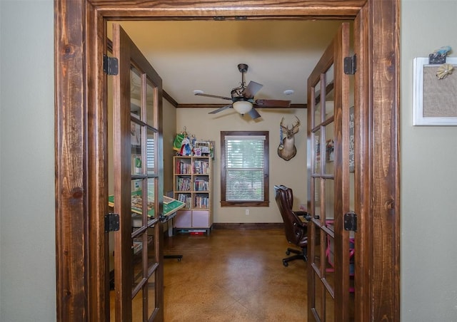 2543 Fm 975, Caldwell, TX 77836 - office space featuring french doors, a ceiling fan, baseboards, and finished concrete floors