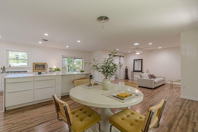4714 Philco Dr, Austin, TX 78745 - dining space featuring plenty of natural light, recessed lighting, wood finished floors, and ceiling fan