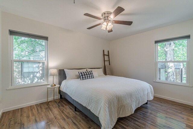 4714 Philco Dr, Austin, TX 78745 - bedroom with multiple windows, wood finished floors, and ceiling fan