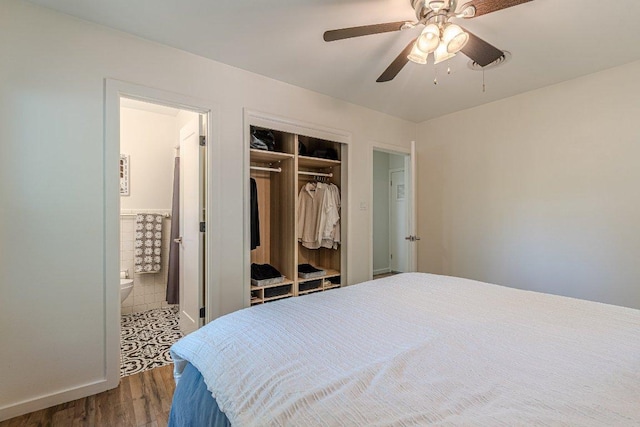 4714 Philco Dr, Austin, TX 78745 - bedroom with wood finished floors, a closet, ensuite bathroom, and ceiling fan