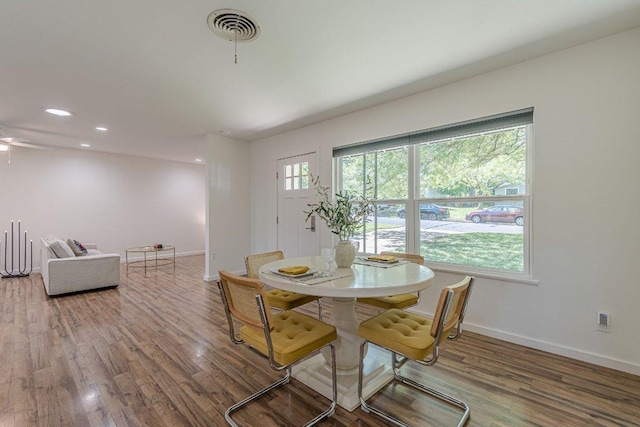 4714 Philco Dr, Austin, TX 78745 - dining room featuring wood finished floors, recessed lighting, and a ceiling fan
