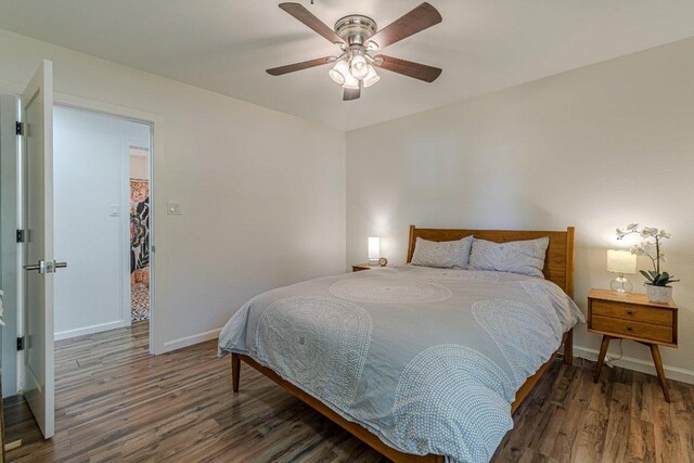 4714 Philco Dr, Austin, TX 78745 - bedroom featuring wood finished floors and ceiling fan
