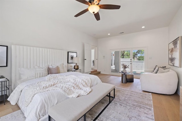 8311 Sumner Ct, Austin, TX 78733 - bedroom featuring access to outside, light wood-style flooring, recessed lighting, and a ceiling fan