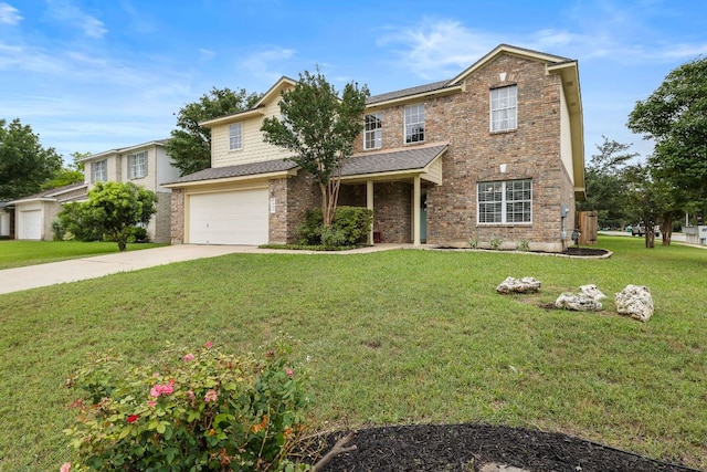 1609 Churchill Cv, Cedar Park, TX 78613 - traditional-style house with driveway, a front yard, a garage, brick siding, and roof with shingles