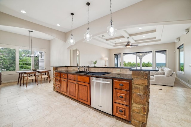 12529 Verandah Ct, Austin, TX 78726 - kitchen with dishwasher, arched walkways, brown cabinetry, plenty of natural light, and coffered ceiling