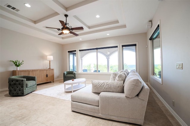 12529 Verandah Ct, Austin, TX 78726 - living room with healthy amount of natural light, coffered ceiling, recessed lighting, beam ceiling, and a ceiling fan
