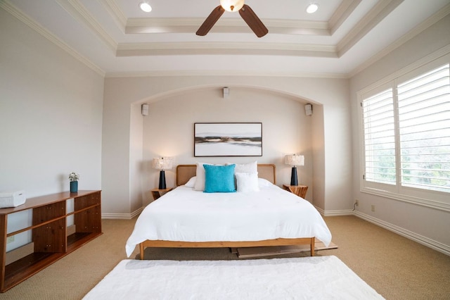12529 Verandah Ct, Austin, TX 78726 - bedroom featuring carpet flooring, a raised ceiling, crown molding, and ceiling fan
