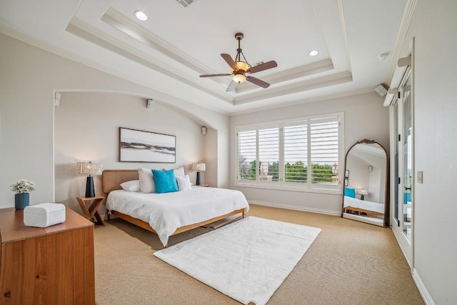 12529 Verandah Ct, Austin, TX 78726 - bedroom with light carpet, ornamental molding, a raised ceiling, recessed lighting, and a ceiling fan