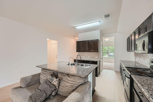 14309 Deaf Smith Blvd, Austin, TX 78725 - kitchen featuring stainless steel appliances, light wood-style flooring, tasteful backsplash, and light stone countertops