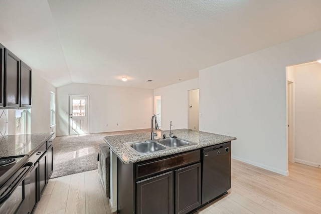 14309 Deaf Smith Blvd, Austin, TX 78725 - kitchen featuring black dishwasher, a sink, electric range, a kitchen island with sink, and open floor plan