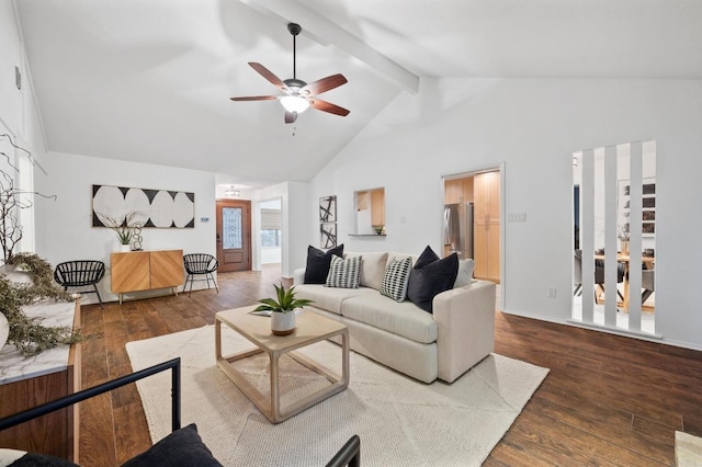 7701 Lowdes Dr, Austin, TX 78745 - living area with ceiling fan, wood finished floors, beam ceiling, high vaulted ceiling, and baseboards