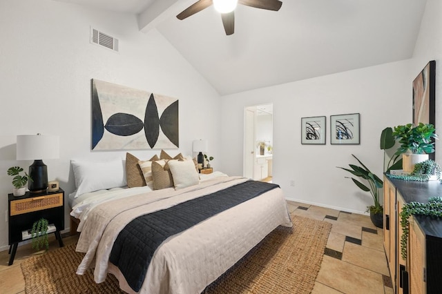 7701 Lowdes Dr, Austin, TX 78745 - bedroom with a ceiling fan, connected bathroom, and light tile patterned floors