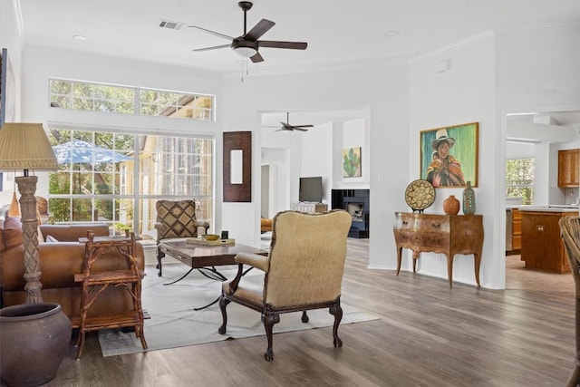 9205 Amanda Dr, Austin, TX 78729 - living area with ceiling fan, wood finished floors, crown molding, and a towering ceiling
