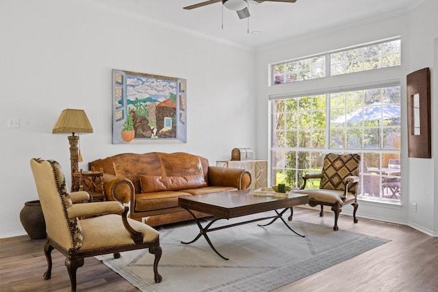 9205 Amanda Dr, Austin, TX 78729 - living area featuring a ceiling fan, wood finished floors, ornamental molding, and healthy amount of natural light