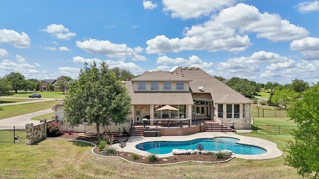816 Drifting Wind Run, Dripping Springs, TX 78620 - rear view of property with a wooden deck and stairway