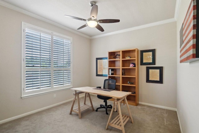 816 Drifting Wind Run, Dripping Springs, TX 78620 - office with carpet, ceiling fan, ornamental molding, plenty of natural light, and baseboards