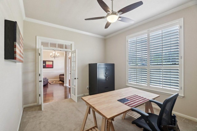 816 Drifting Wind Run, Dripping Springs, TX 78620 - carpeted office with french doors, crown molding, ceiling fan, a chandelier, and baseboards