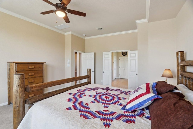 816 Drifting Wind Run, Dripping Springs, TX 78620 - bedroom featuring ornamental molding, carpet flooring, baseboards, and ceiling fan
