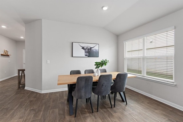 268 Bunting Ln, Bertram, TX 78605 - dining space featuring baseboards, dark wood-style flooring, recessed lighting, and vaulted ceiling