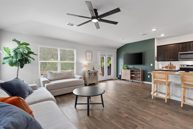 268 Bunting Ln, Bertram, TX 78605 - living room with recessed lighting, dark wood-style floors, ceiling fan, lofted ceiling, and baseboards