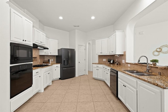 260 Kiras Ct, Austin, TX 78737 - kitchen with black appliances, a sink, arched walkways, under cabinet range hood, and backsplash