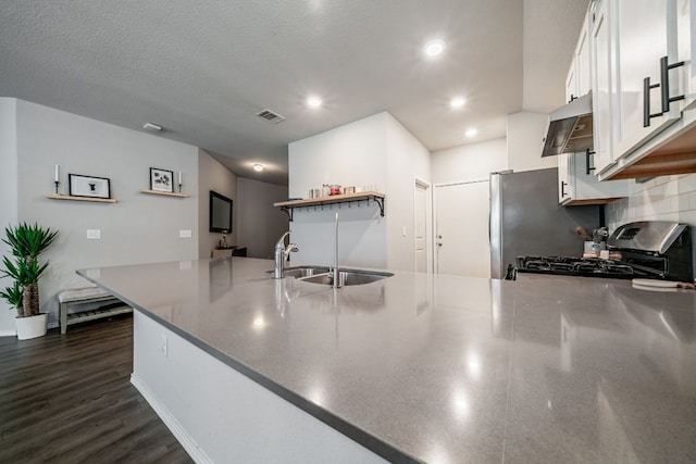 5817 Bell Tower Ln, Austin, TX 78747 - kitchen featuring stainless steel counters, range with gas cooktop, white cabinetry, recessed lighting, and a sink