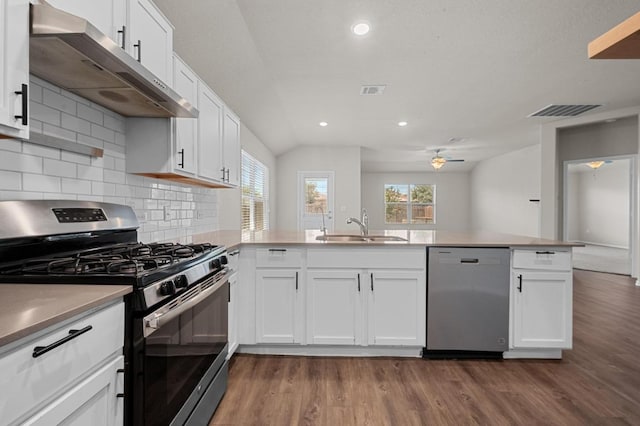 5817 Bell Tower Ln, Austin, TX 78747 - kitchen with appliances with stainless steel finishes, ventilation hood, a sink, dark wood finished floors, and a peninsula