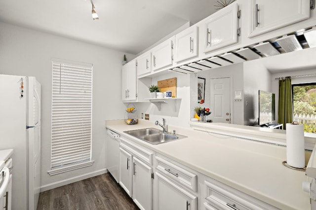 1601 Faro Dr Unit 303, Austin, TX 78741 - kitchen featuring a sink, white appliances, open shelves, dark wood finished floors, and white cabinetry