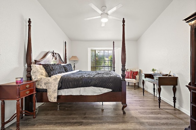 1601 Faro Dr Unit 303, Austin, TX 78741 - bedroom with vaulted ceiling, wood finished floors, baseboards, a textured wall, and a ceiling fan