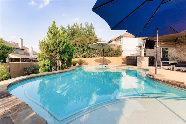 141 Wildcat Draw Dr, Buda, TX 78610 - view of pool featuring exterior kitchen, a fenced backyard, and a patio area