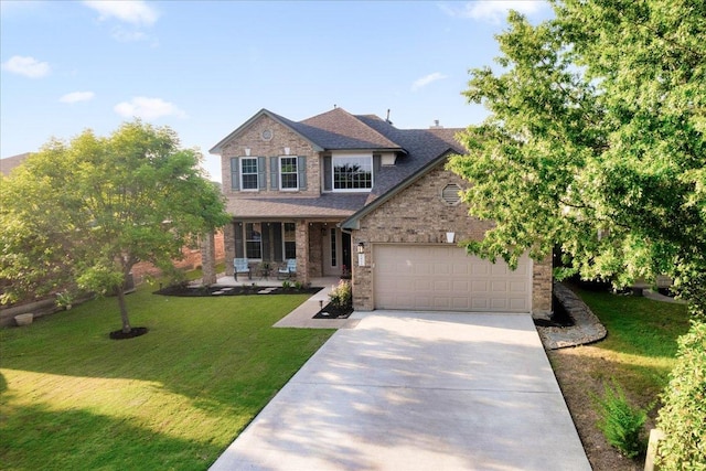 141 Wildcat Draw Dr, Buda, TX 78610 - traditional home featuring concrete driveway, a garage, a front yard, and a porch