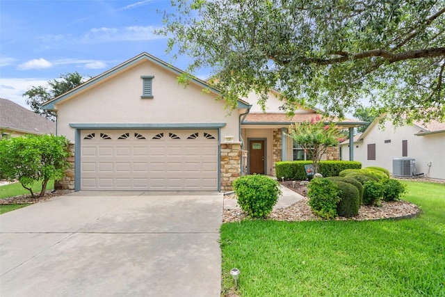 131 Nolan Dr, Georgetown, TX 78633 - view of front of house with stone siding, cooling unit, stucco siding, driveway, and a front yard