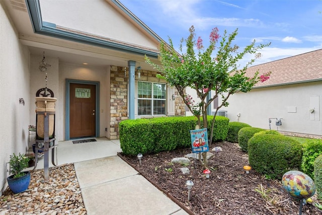 131 Nolan Dr, Georgetown, TX 78633 - property entrance featuring stone siding, a porch, and stucco siding