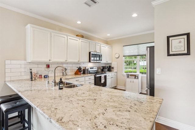 131 Nolan Dr, Georgetown, TX 78633 - kitchen featuring appliances with stainless steel finishes, a sink, a peninsula, white cabinets, and crown molding