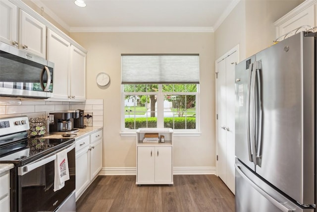 131 Nolan Dr, Georgetown, TX 78633 - kitchen featuring stainless steel appliances, dark wood-type flooring, white cabinets, decorative backsplash, and light stone counters