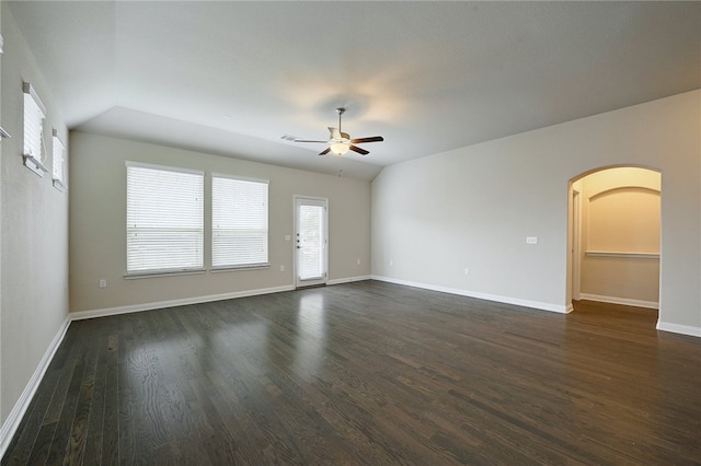 14925 Via Del Corso Dr, Austin, TX 78738 - unfurnished room with ceiling fan, arched walkways, dark wood-type flooring, and baseboards