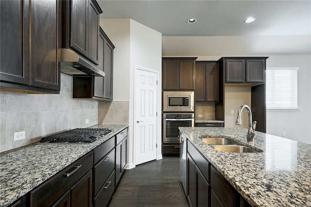 14925 Via Del Corso Dr, Austin, TX 78738 - kitchen with stainless steel appliances, a sink, under cabinet range hood, light stone countertops, and dark wood finished floors