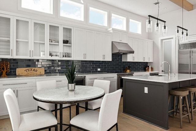 13410 Galleria Cir, Austin, TX 78738 - kitchen with under cabinet range hood, stainless steel appliances, a breakfast bar area, white cabinetry, and light countertops